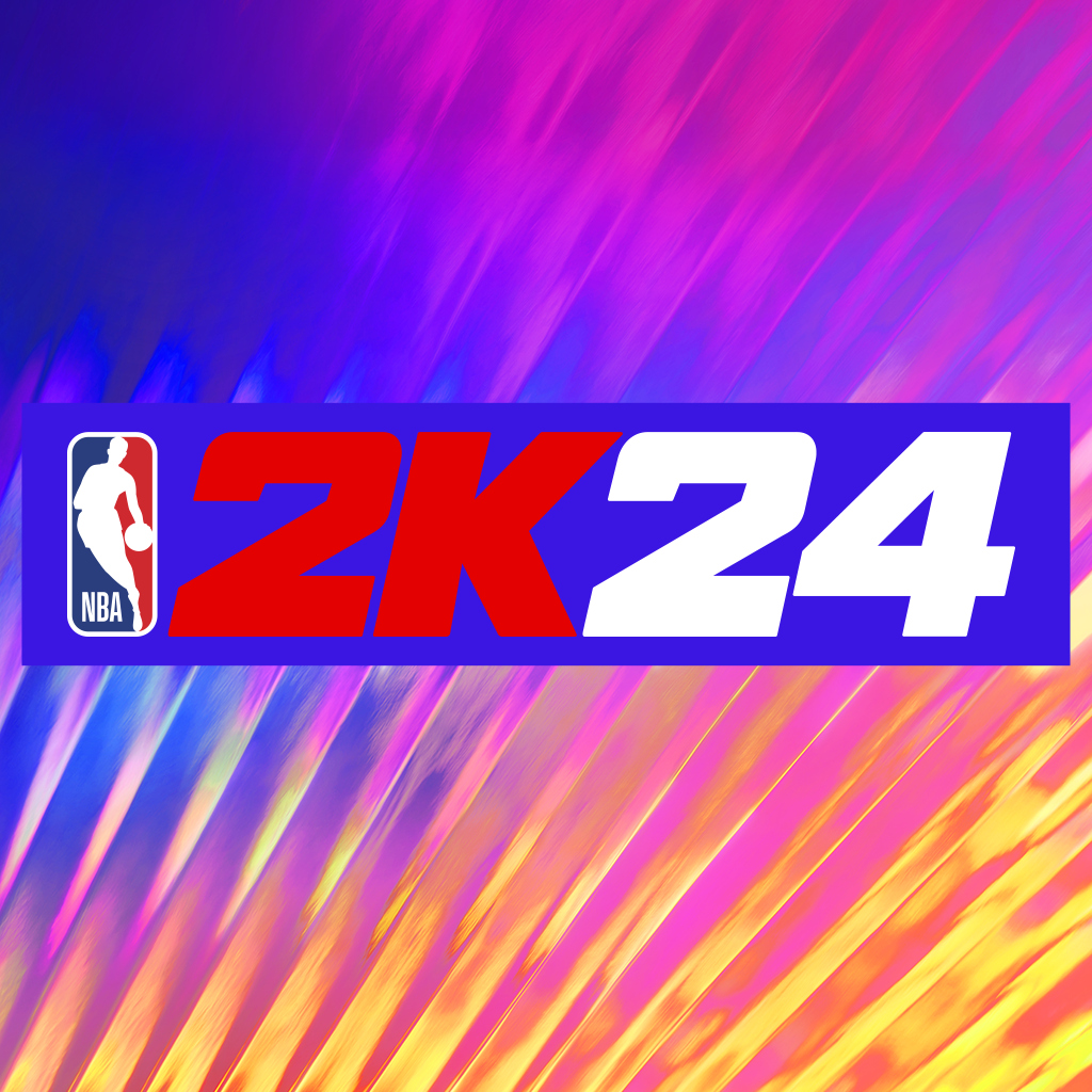 L'image montre une grande variété de couleur. Elle montre le jaune, le bleu, le violet et le rose tout mélangé ensemble et en avant plan c'est écrit 2k24 avec le logo de la NBA à gauche.