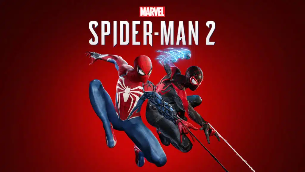 L'image montre deux Spider-Man. Le premier ce nomme Peter Parker, qui est en costume rouge et bleu. Le deuxième c'est Miles Morales, qui celui-ci est en costume noir et rouge.