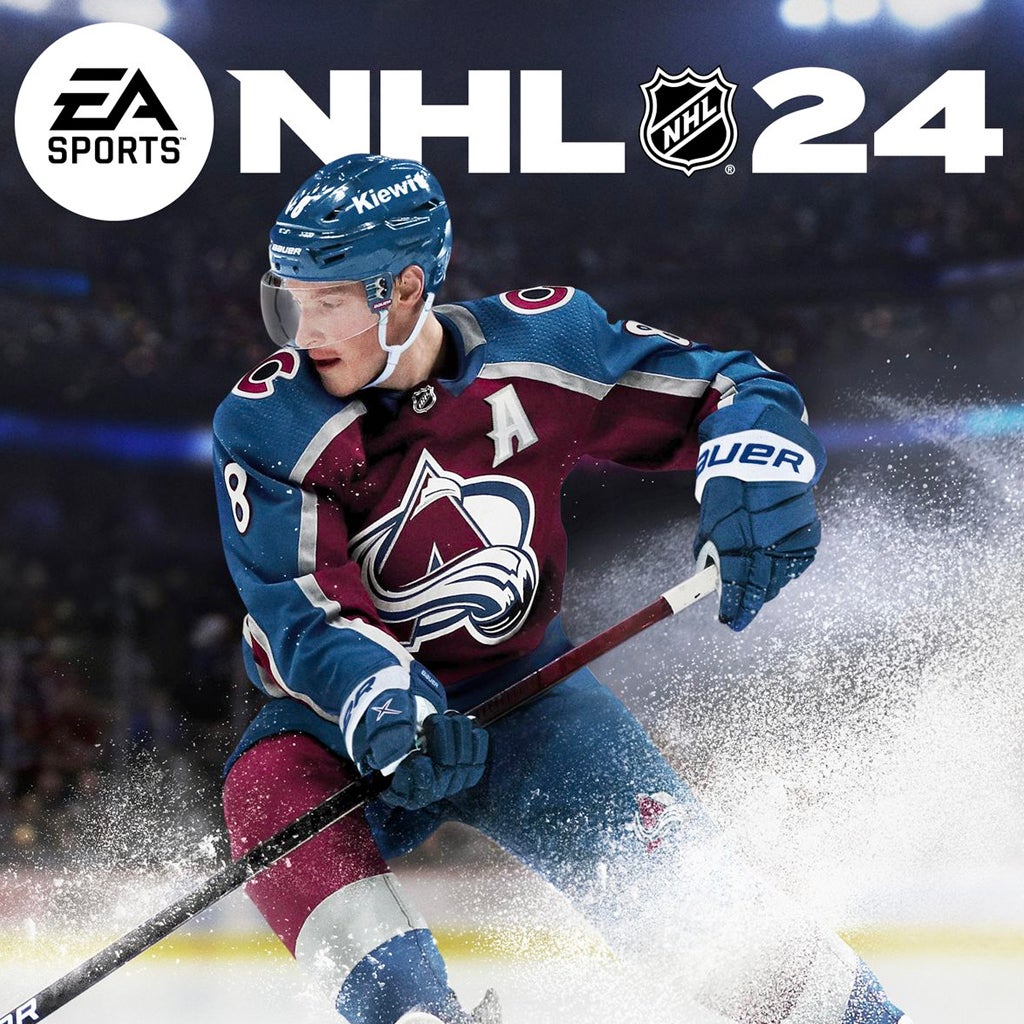 L'image montre un joueur d'hockey de l'Avalanche du Colorado avec écrit le nom du jeu au-dessus de l'image