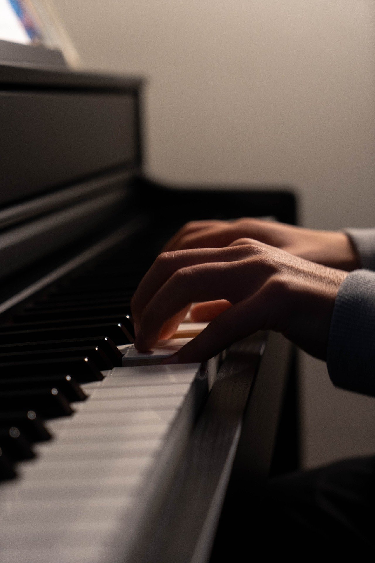 L'image montre une paire de main d'une personne qui joue du piano.